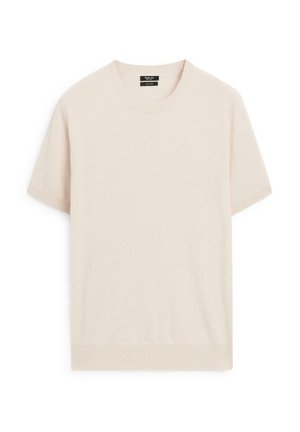 Kortærmet strikket sweater i cremefarvet med ribbet krave, manchetter og kant, vist fladt på en hvid baggrund.