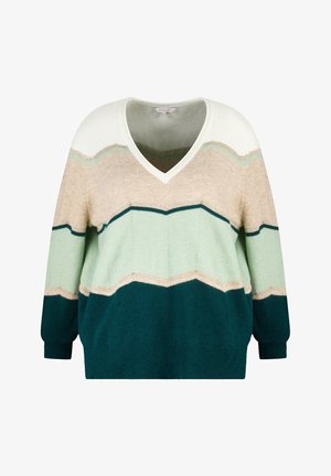 Pull à col en V en matériaux mixtes avec des rayures cream, beige, vert menthe et bleu canard. Coupe oversize avec des poignets côtelés.