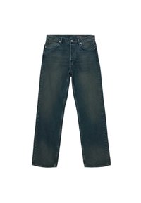 Jeans in denim blu scuro con design a gamba dritta, stile a cinque tasche e cuciture in evidenza. Presentano una chiusura con bottone e passanti per cintura.