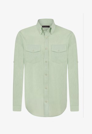 Helles grünes Langarmhemd aus strukturiertem Stoff mit Button-Down-Kragen, zwei Brusttaschen und Knopfmanschetten.