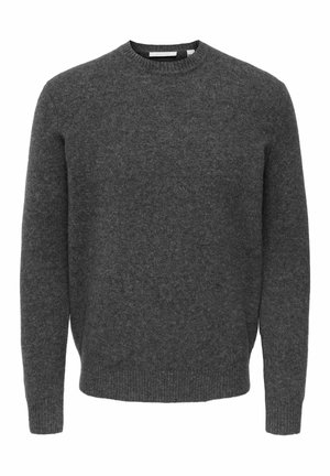 Suéter de lana gris con un cuello redondo, puños acanalados y dobladillo. Presenta una textura suave y un diseño simple y clásico.