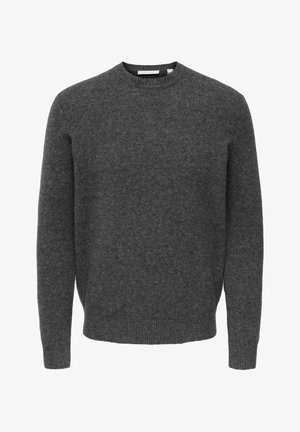 Szary wełniany sweter z okrągłym dekoltem, ściągaczami w rękawach i u dołu. Charakteryzuje się miękką teksturą i prostym, klasycznym designem.