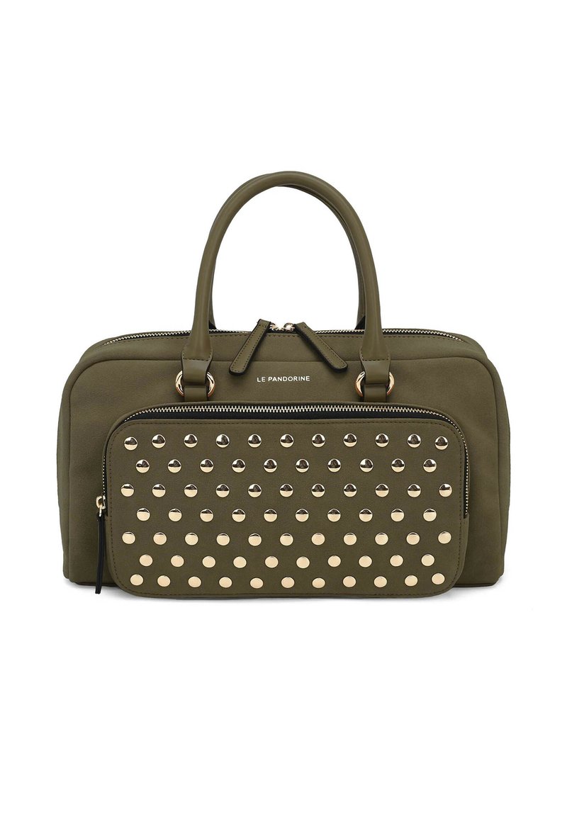 Borsa a tracolla verde oliva in tessuto liscio, con doppio manico superiore, borchie tono oro sulla tasca anteriore e chiusura con cerniera.