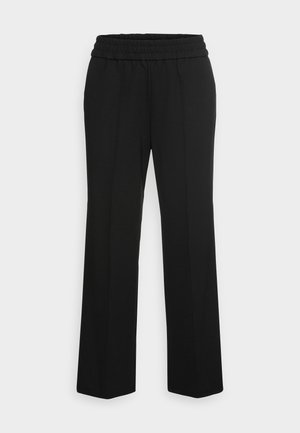 Black straight-leg trousers with elastic waistband, front seams, and no visible closures, displayed on a plain light background.