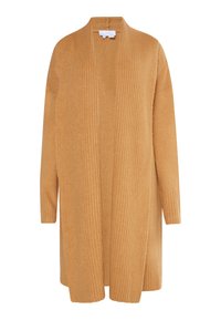 Cardigan lungo e aperto sul davanti, con un design testurizzato e a coste. Materiale in maglia morbido color cammello, con maniche lunghe e vestibilità comoda.