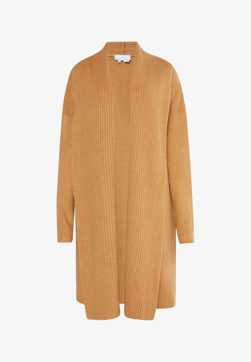 Langer, offen tragbarer Cardigan in einem strukturierten, gerippten Design. Weiches, camel-farbenes Strickmaterial mit langen Ärmeln und lockerem Schnitt.
