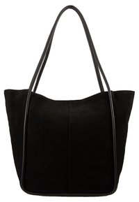 Svart mocka tote-väska med en strukturerad design. Funktioner inkluderar släta läderdetaljer, två långa handtag och en rymlig huvudfack.