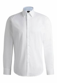 Witte langslippende blouse met knoopsluiting aan de voorkant, gestructureerde kraag en lichtblauwe gestreepte binnenvoering. Gladde stof en een getailleerde pasvorm.
