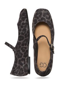 Mary Jane shoes in black suede featuring a leopard print, rounded toe, ankle strap with a buckle, and a flat sole.