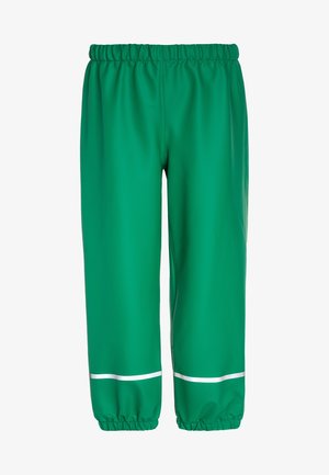 Pantalones impermeables verdes con cintura y puños elásticos, con franjas horizontales reflectantes blancas cerca de los tobillos.