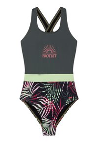 Costume intero con parte superiore grigio scuro, logo rosa e parte inferiore a fantasia con foglie di palma verdi e rosa. Design incrociato sul retro.