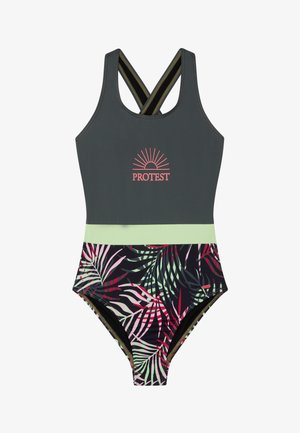 Costume intero con parte superiore grigio scuro, logo rosa e parte inferiore a fantasia con foglie di palma verdi e rosa. Design incrociato sul retro.