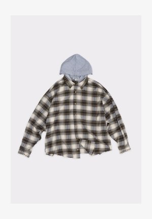 Bézs és barna kockás flanel ing szürke kapucnival. Nagyméretű kialakítású, gallérján fém szegecsekkel és gombos záródással.