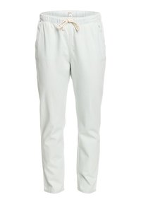 Pantalones jogger de algodón en azul claro, con cintura elástica, cordón, bolsillos laterales y diseño de pierna ajustada. Textura suave, corte casual.