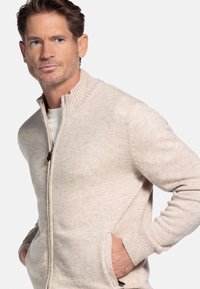 Beige ritsvest met geribbelde kraag en manchetten, gestructureerd gebreid patroon, zijzakken en een gladde afwerking.