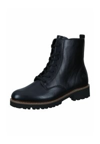 Bottines en cuir noir à lacets, avec un bout arrondi, une surface texturée, une semelle robuste et des coutures décoratives le long du bord.