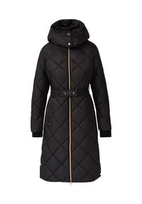 Manteau long noir matelassé avec col montant, fermeture éclair à l'avant, ceinture à la taille et poignets côtelés sur les manches.