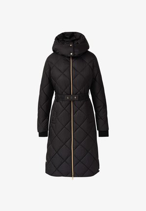 Black quilted long coat with high collar, front zipper, belt at waist, and ribbed cuffs on sleeves.