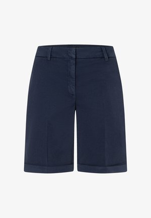 Marineblaue Shorts mit glatter Textur, geradem Schnitt und umgeschlagenem Saum. Verfügt über einen klassischen Reißverschluss und Vorderaschen für Funktionalität.