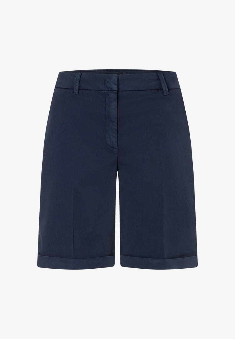 Navy blue shorts with a smooth texture, straight cut, and cuffed hem. Features a classic zip fly and front pockets for functionality.