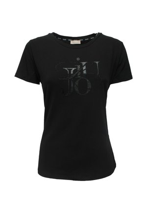 T-shirt nera in cotone con maniche corte, collo rotondo, caratterizzata da un design grafico lucido con le lettere "HUGO" e "JO" di diverse dimensioni.