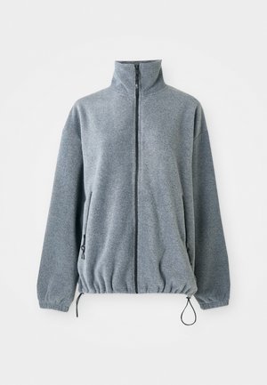 Light gray fleece jacket with high collar, full front zipper, zippered side pockets, elastic cuffs, and adjustable hem drawstrings.