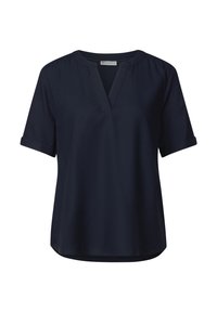 Dunkelblaues Kurzarmshirt mit V-Ausschnitt und aufgerollten Ärmeln, aus glattem Stoff gefertigt. Es hat einen entspannenden Schnitt und einen abgerundeten Saum.
