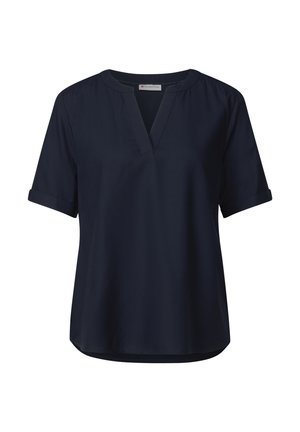 Dunkelblaues Kurzarmshirt mit V-Ausschnitt und aufgerollten Ärmeln, aus glattem Stoff gefertigt. Es hat einen entspannenden Schnitt und einen abgerundeten Saum.