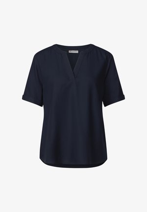 Navyblauw kort mouwenshirt met een V-hals en opgerolde mouwen, gemaakt van gladde stof. Heeft een ontspannen pasvorm en een gebogen zoom.