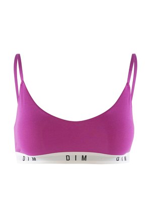 Rosa Bralette mit dünnen Trägern und einem weißen elastischen Band, das am unteren Rand mit schwarzem 'DIM'-Branding versehen ist. Glatte Textur und einfaches Design.