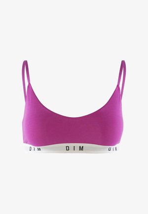Rosa Bralette mit dünnen Trägern und einem weißen elastischen Band, das am unteren Rand mit schwarzem 'DIM'-Branding versehen ist. Glatte Textur und einfaches Design.