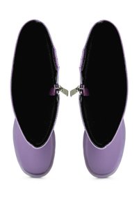 Purple ankle boots with a glossy finish, featuring a smooth exterior, black interior lining, and side zippers for closure.