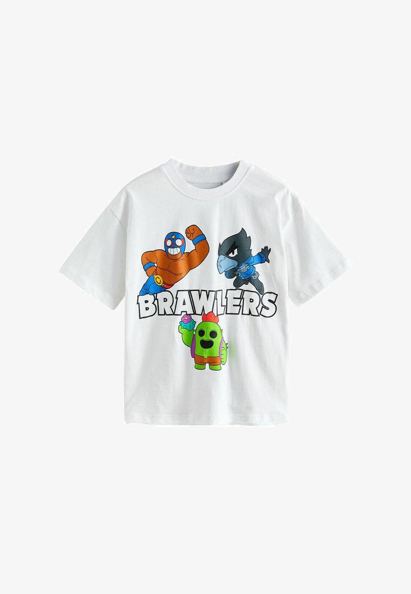 Tricou alb cu trei personaje de desene animate colorate și cuvântul „BRAWLERS” scris cu litere îndrăznețe pe față.
