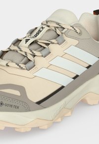 Μπεζ και γκρι πεζοπορικό παπούτσι Adidas Terrex με ύφασμα Gore-Tex, κορδόνια με σχέδιο και τις λευκές χαρακτηριστικές τρεις λωρίδες στο πλάι.