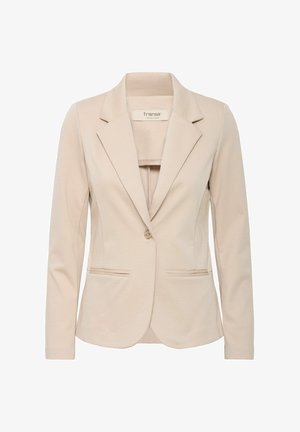 Beige blazer lavet af glat stof, med en enkelt knap, notch-lapel og to forlommer. Klassisk skræddersyet design.
