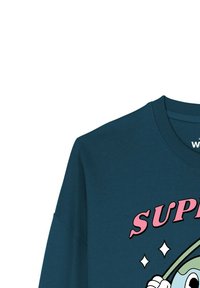 Donkerblauwe trui met ronde hals, losse pasvorm en een kleurrijke afbeelding met het woord "SUPER" in roze en speelse designelementen.