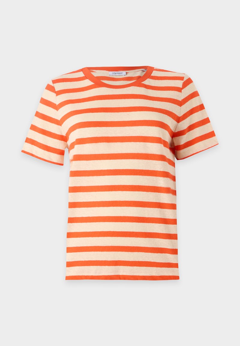Gestreiftes T-Shirt mit orangefarbenen und cremfarbenen horizontalen Streifen, Rundhalsausschnitt und kurzen Ärmeln. Hergestellt aus einem weichen Baumwollgemisch.