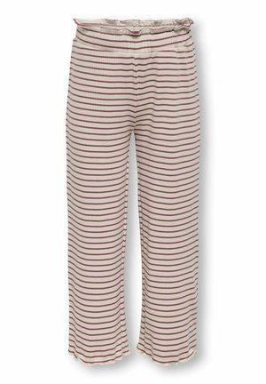 Kremfarvede ribstrikkede bukser med vandrette pink striber, elastisk taljebånd og let rynkede kanter på hvid baggrund.