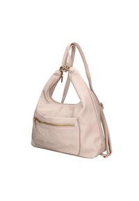 Borsa a spalla in pelle beige elegante, con forma arrotondata, tracolla rimovibile e tasca con zip frontale con dettagli in metallo dorato.