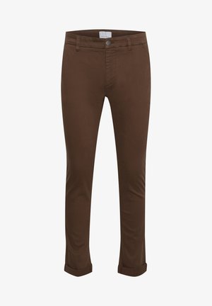 Brūnās kokvilnas chinos bikses ar šauru piegriezumu, ar priekšējo pogu aizdari, jostu cilpām un ruļļiem pie apakšas, lai pievienotu papildu detaļas.