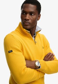 Żółty sweter wykonany na drutach z wysokim ściągaczem i pół zamkiem, z małym logo na piersi i wstawką w paski wewnątrz kołnierza.