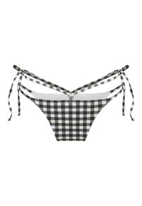 Zwart-witte geblokte bikini onderkant met strikbandjes aan de zijkant. Kenmerkt zich door een lage taille en een gladde stofstructuur.