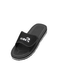 Czarne klapki z teksturowaną podeszwą, wyściełanym paskiem i białym logo. Projekt zawiera wyraźny kontrast kolorystyczny czerni i bieli.