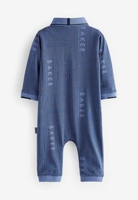 Blue romper featuring short sleeves, a collar, and a textured pattern with the word "BAKER" in various sizes and stripes.