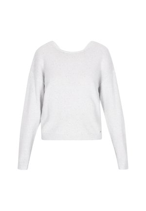 Pulover alb tricotat cu mânecă lungă, cu detalii subtile de strălucire, guler rotund și manșete și tiv ajustate.