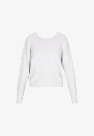 White long-sleeve knitted sweater with subtle sparkle details, round neckline, and fitted ribbed cuffs and hem.