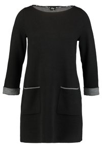 Abito nero con maniche lunghe e polsini grigi, dotato di due tasche frontali e scollo rotondo, realizzato in un morbido tessuto a maglia.