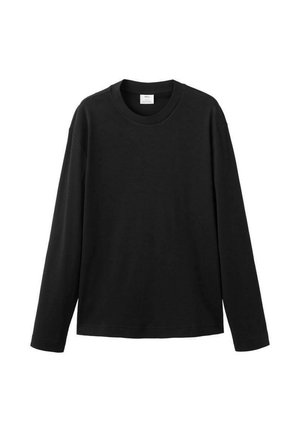 Černé dlouhé tričko s dlouhým rukávem z měkké bavlny. Má kulatý výstřih a volný střih bez viditelných log nebo vzorů.