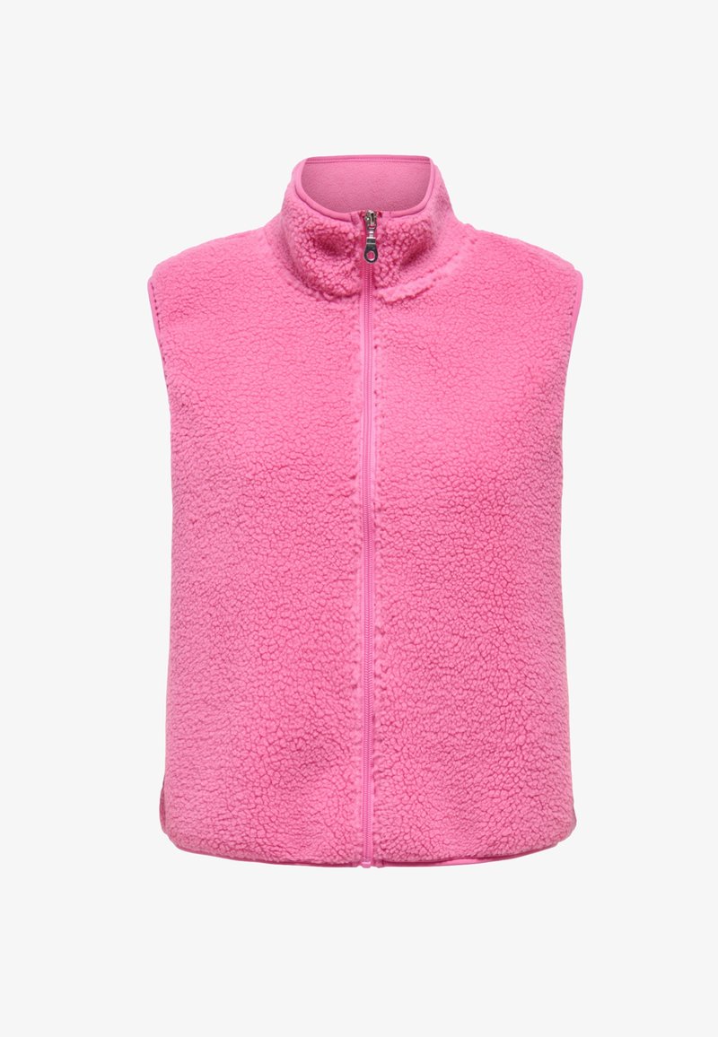 Rosa fleecevest med høy krage og glidelås foran, med en myk, teksturert overflate og uten ermer.