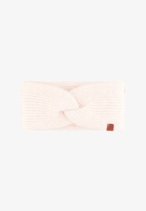 Kardigan na głowę w jasnoróżowym kolorze z przekręconym przodem, żebrową teksturą, miękkim materiałem i małą brązową skórzaną metką.